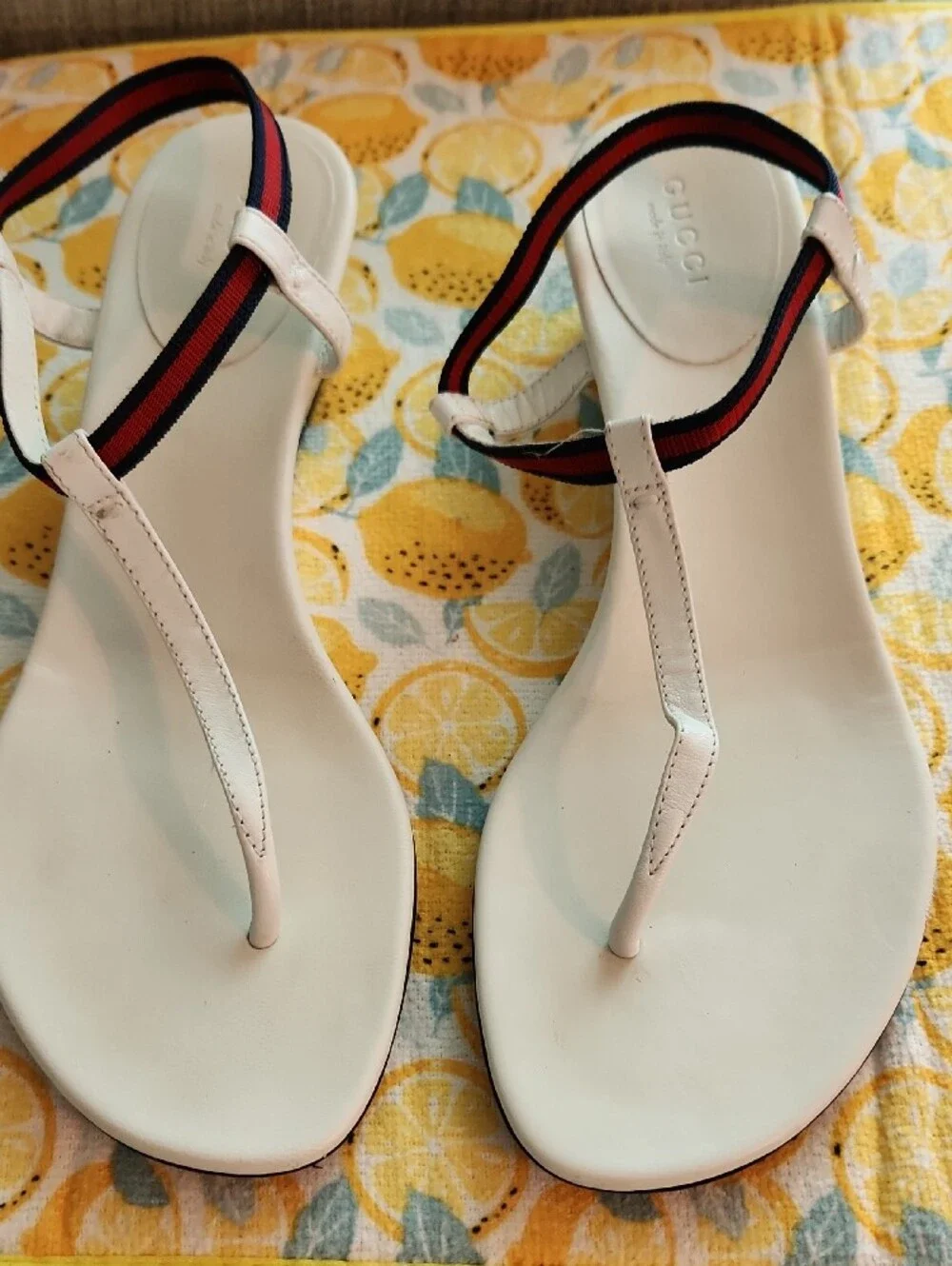 Gucci White T-Strap Sandals with Red and Navy Webbing